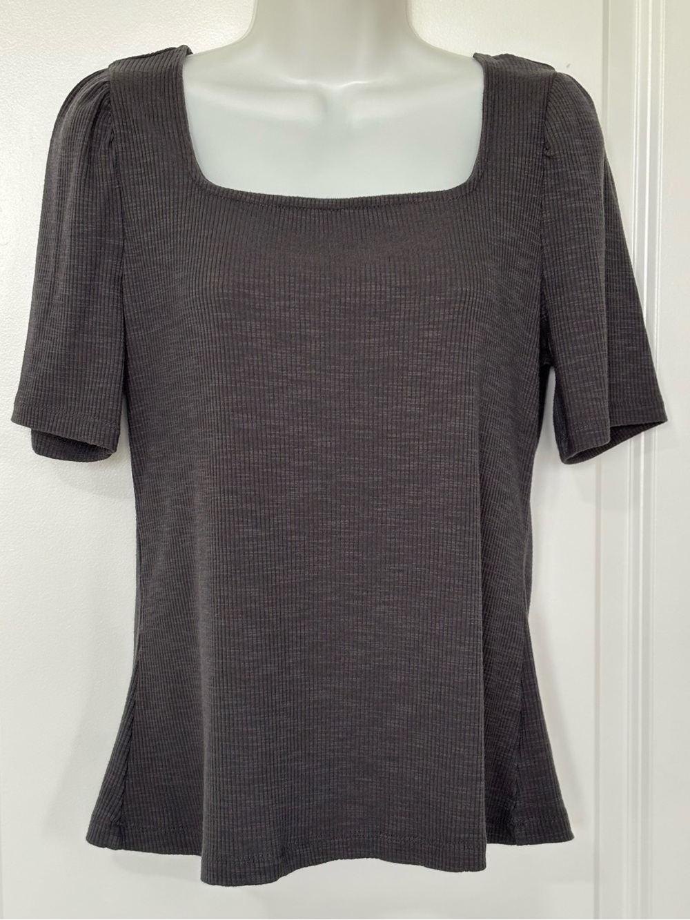 Anne Klein Jeans Gray Ribbed Square Neck Puff Sleeve Top Women’s M